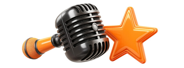 a microphone with an orange star behind it, in the style of clipart on a transparent background.