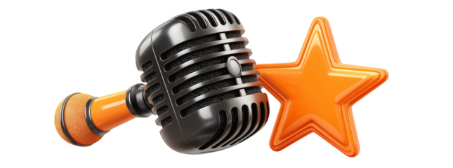  a microphone with an orange star behind it, in the style of clipart on a transparent background.