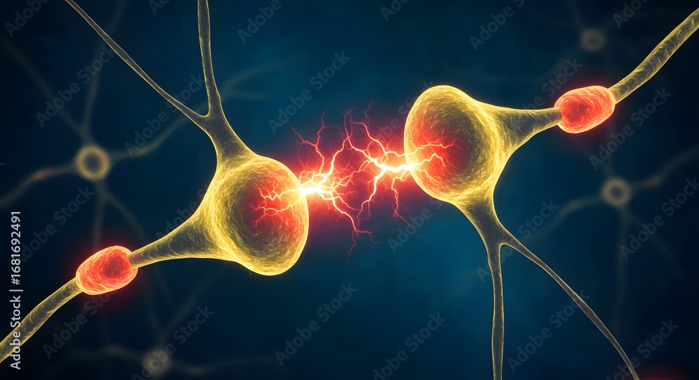 Poster firing neurons and active synapse. neurology and nervous system concept. 3d illustration of electric