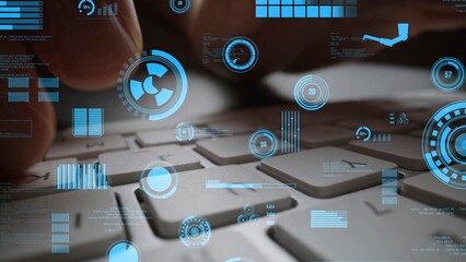 A close-up view of fingers typing on a laptop keyboard, enhanced by futuristic blue data visualizations and analytical graphics that signify modern technology and innovation. Xenic