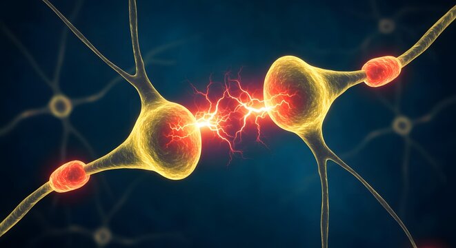 Firing neurons and active synapse. Neurology and nervous system concept. 3D illustration of electrical impulses transmitting between brain nerve cells.