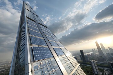 Fototapeta premium Modern skyscraper covered in solar panels, viewed from below against a cloudy sky with the sun setting behind distant city buildings, showcasing green architecture