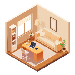 isometric office with sofa and desk with laptop, vector illustration