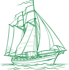 Printable Green Coloring Page of Sailboat for Children Isloated on White Background