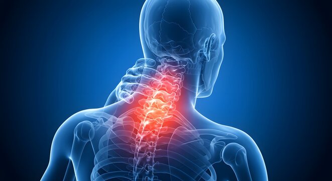Neck injury and inflamed cervical vertebrae. Orthopedic and rheumatology concept. 3D illustration of a man with a painful spine highlighted in red.
