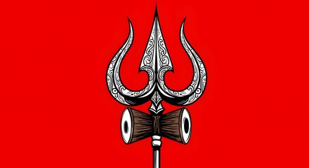 Ornate Trident and Drum on Vibrant Red Background