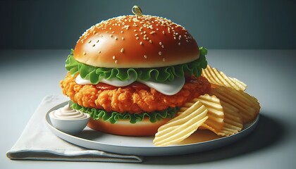 Delicious stacked chicken burger with crispy potato chips on a plate ready to eat