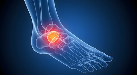 Human foot and ankle joint pain. Orthopedic sports injury or arthritis concept. 3D xray illustration showing inflammation in the bones of the foot.