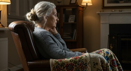 Contemplative senior woman sitting in armchair indoors with a thoughtful expression showing