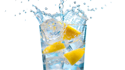 Refreshing lemon slices splashing into a tall glass filled with ice and sparkling water isolated on transparent background