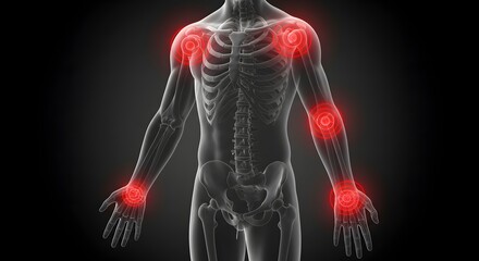 Polyarthritis pain in multiple body joints. Rheumatology and orthopedic disease concept. Full xray view of a skeleton with inflamed shoulders, elbows, and hands.