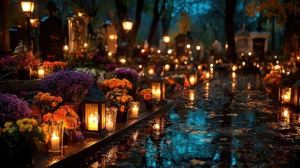 Traditional cemetery decorations in Poland for the autumn festival, with candles and flowers