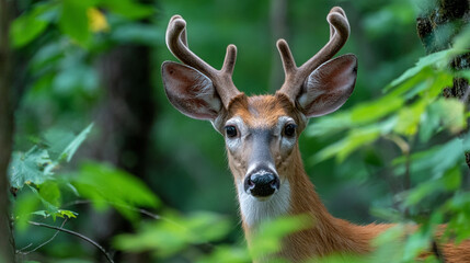 Obraz premium Majestic buck gazes through the lush greenery in a tranquil forest setting