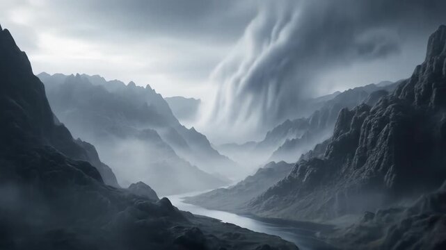 Epic Misty Mountain Valley: Dynamic River Flows Through Rugged Peaks with Cascading Cloudfall