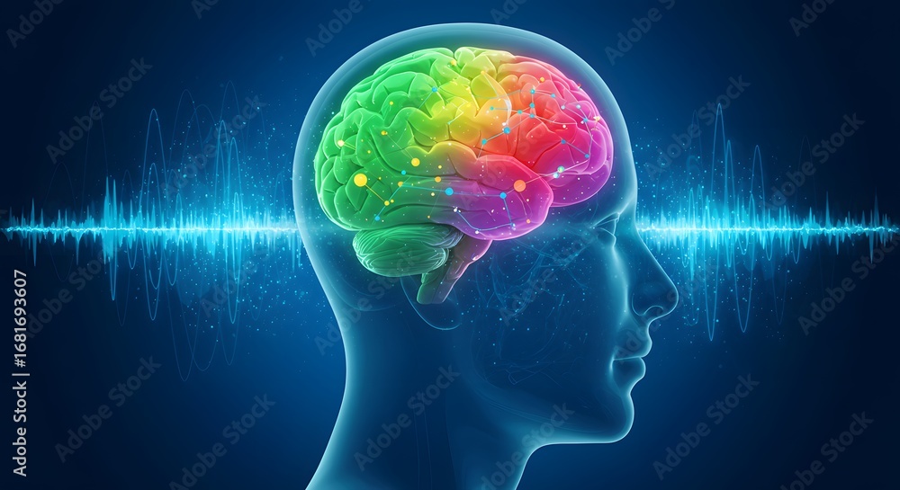 Poster human brain activity and neural network processing. neuroscience and artificial intelligence concept