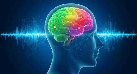 Fototapeta premium Human brain activity and neural network processing. Neuroscience and artificial intelligence concept. Colorful brain visualization with sound waves and thought signals.
