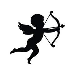 Fototapeta premium Black silhouette of a cherubic cupid with bow and arrow on white