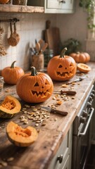 A cozy scene of pumpkin carving unfolds on a rustic kitchen counter. Two jack-o'-lanterns are nearly complete, surrounded by loose pumpkin seeds, carving knives