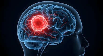 Cancerous tumor growing in the human brain. Oncology and neurology medical concept. 3D illustration of a malignant growth or brain cancer inside a head.