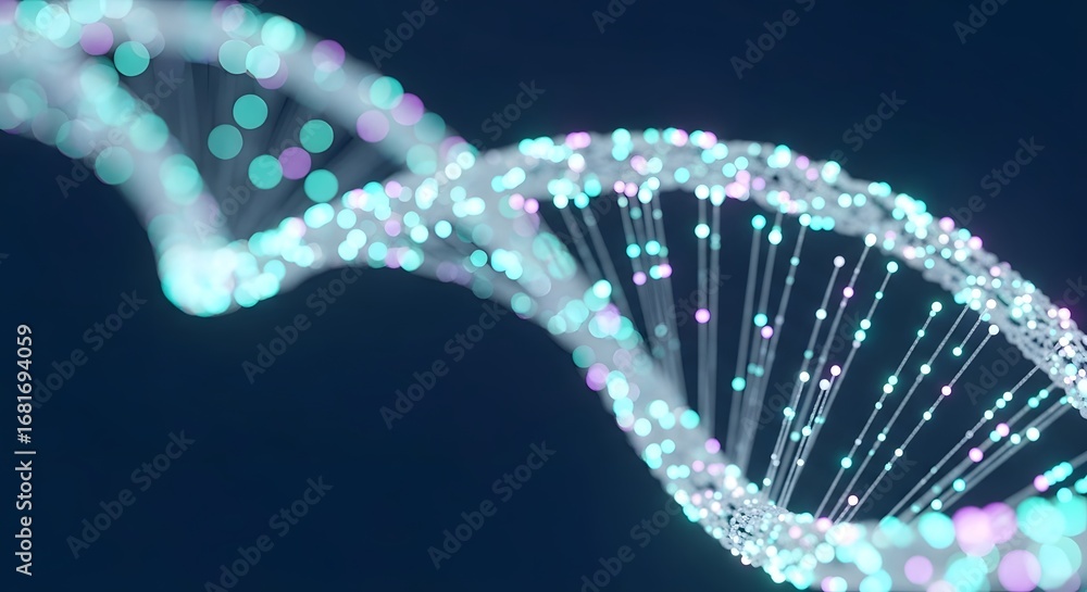 Poster abstract digital dna helix strand. genetic data and biotechnology concept. futuristic 3d illustratio