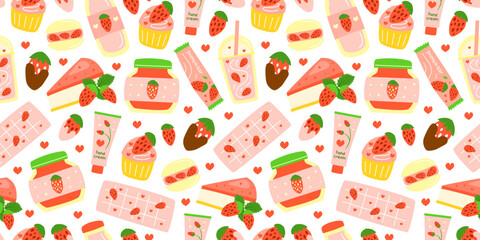 Seamless pattern with cute hand drawn flat strawberry desserts and items. Background with strawberry cheesecake, protein bar, glazed chocolate berries, macaroon, cupcake, milkshake, chocolate, etc.