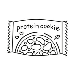 Cute hand drawn outline protein cookie with vegan sign green leaf isolated on white background. Protein snack in packet. Hand written text.