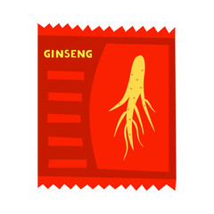 Hand drawn flat ginseng powder in sachet supplement isolated on white background.