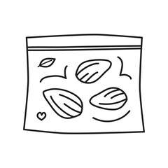 Hand drawn outline almond nuts in packet isolated on white background. Vegan high protein.