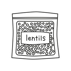 Cute hand drawn outline lentils in packet isolated on white background. Hand written text. Plant based protein.