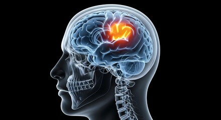 Obraz premium Human brain showing seizure or injury. Neurology and brain health concept. 3D medical scan of a head with a glowing area of neurological damage.