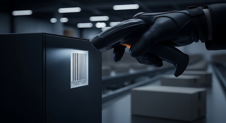 Robotic arm with scanner checking barcode on a package in an automated warehouse conveyor system