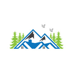 Mountain or hill with home & flying eagle birds outline colorful vector icon art
