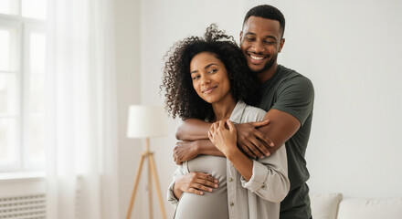 Pregnant african american woman with partner embracing at home. Happy diverse couple maternity moment for multicultural family planning services