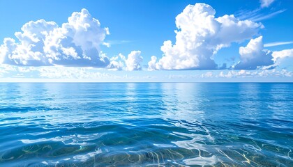 Obraz premium A vast expanse of azure ocean meets a brilliant, cloud-filled sky, creating a tranquil and serene vista.