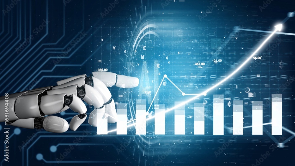 Aufkleber a futuristic robot hand interacts with digital graphs, symbolizing data analysis and technology-driv