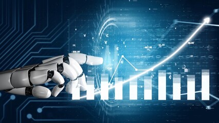 A futuristic robot hand interacts with digital graphs, symbolizing data analysis and technology-driven growth, highlighting innovation within a modern business context. Copula