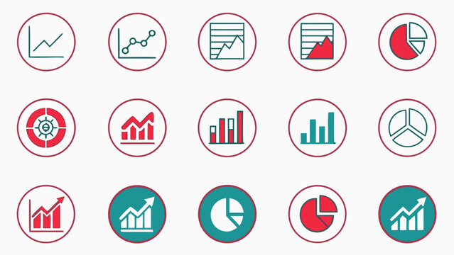 Collection of Circular Icons Featuring Business Growth Charts and Graphs data statistics