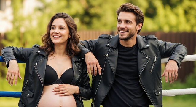 Pregnant couple in leather jackets relaxing outdoors on bench. Edgy maternity fashion for modern pregnancy announcements and lifestyle content - Powered by Adobe