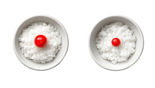 Two white bowls of rice, one larger than the other, each topped with a cherry tomato