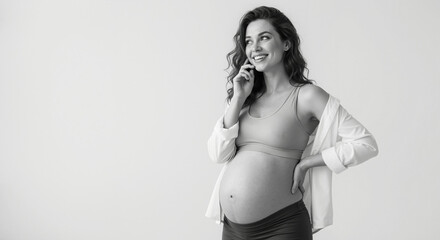 Naklejka premium Pregnant woman in beige bra with white cardigan monochrome studio portrait. Artistic maternity session for prenatal wellness and pregnancy documentation