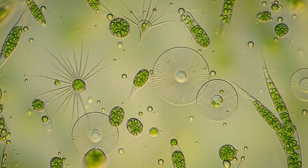 A microscopic view showcasing the rich biodiversity of plankton, including Spirogyra, desmids, and various diatom species in a freshwater environment