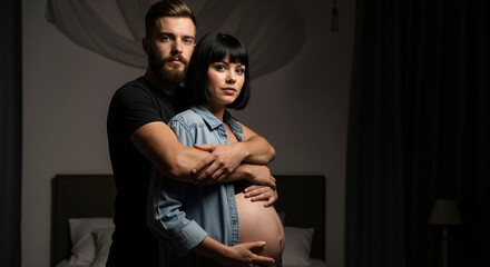 Pregnant woman with partner in denim shirt embracing at home. Intimate couple maternity moment for prenatal bonding and family lifestyle content