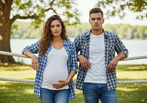 Pregnant woman with partner in matching plaid shirts outdoors by rope fence. Casual couple maternity session for prenatal care and family lifestyle content