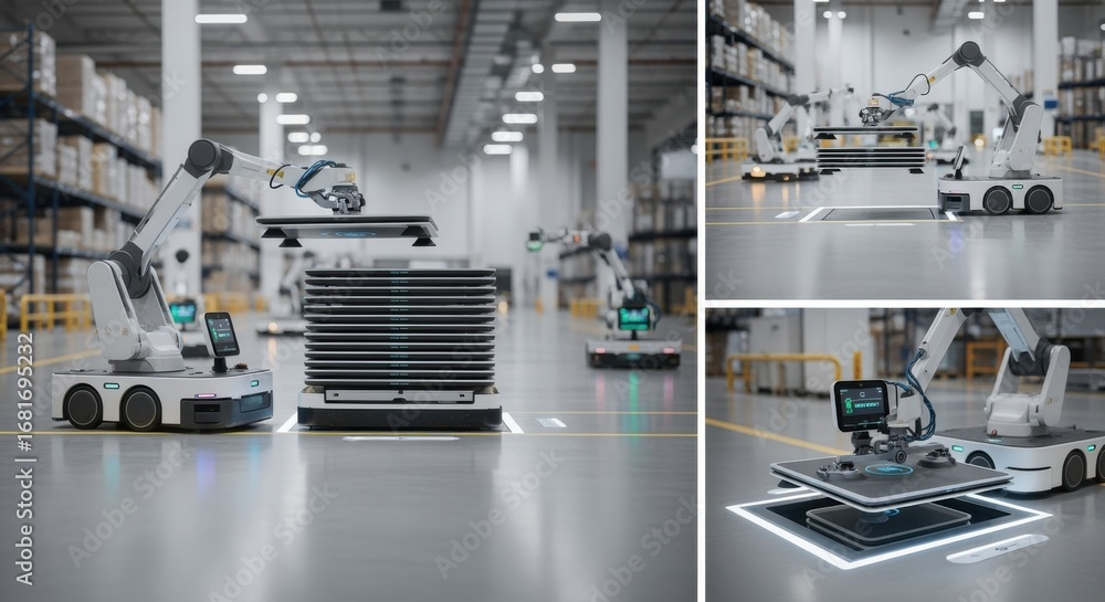 Poster sequence capturing autonomous tugs process of loading and positioning wireless charger pad in logist