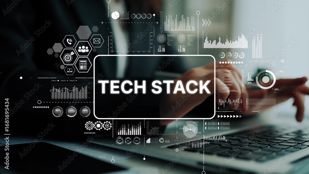 Aufkleber business professional working with tech stack visualization and data analysis on laptop in modern of