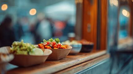 Colorful culinary display at an outdoor food market showcasing fresh ingredients and flavors