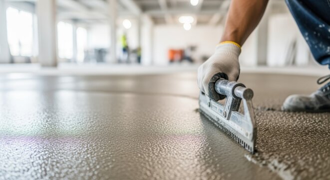 POV shot from a workers perspective gauging compound thickness using a rake during a commercial floor refurbishment.