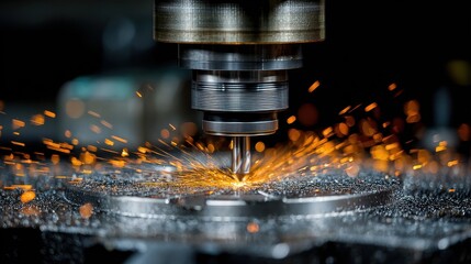 Precision Metal Cutting Process with Sparks Flying and CNC Machine