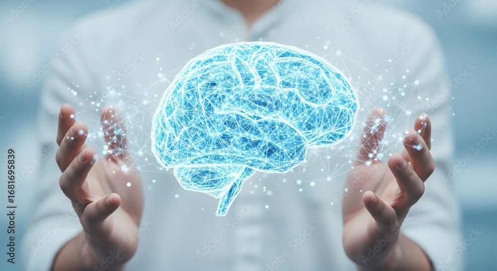 Poster man holding a glowing digital brain network. artificial intelligence and innovation concept. a perso