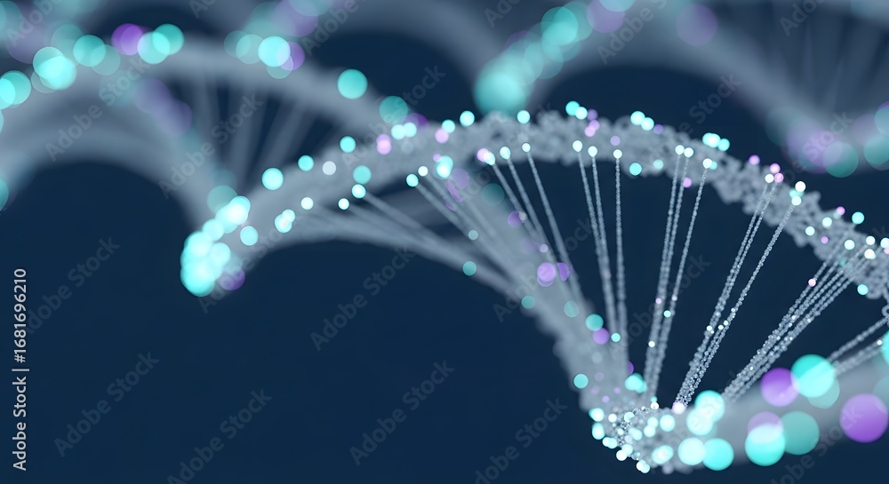 Poster abstract dna helix made of glowing particles. genetic data and biotechnology concept. futuristic 3d 